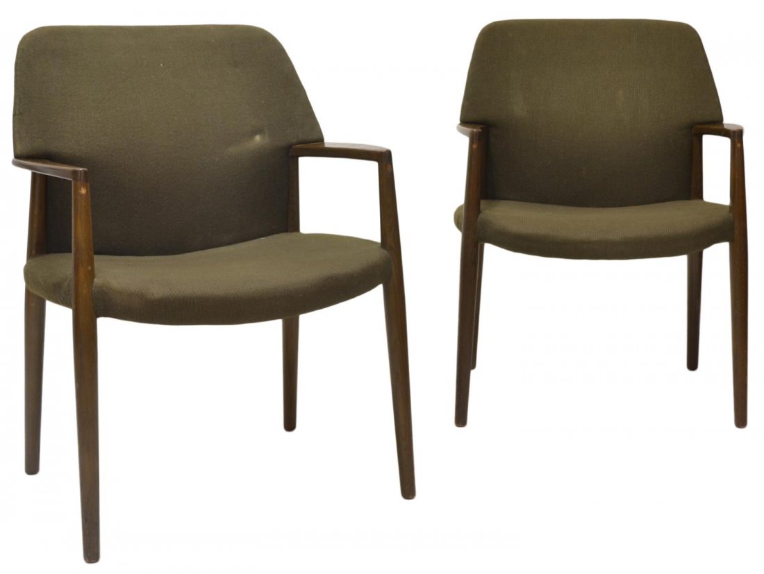 (2) DANISH MID-CENTURY MODERN FRITZ HANSEN CHAIRS: (set of 2) Danish mid-century modern teakwood armchairs, Fritz Hansen, each having green upholstery, slight wear, retaining makers tag, approx 34.25"h, 25"w, 17"d Start Price: $200.00