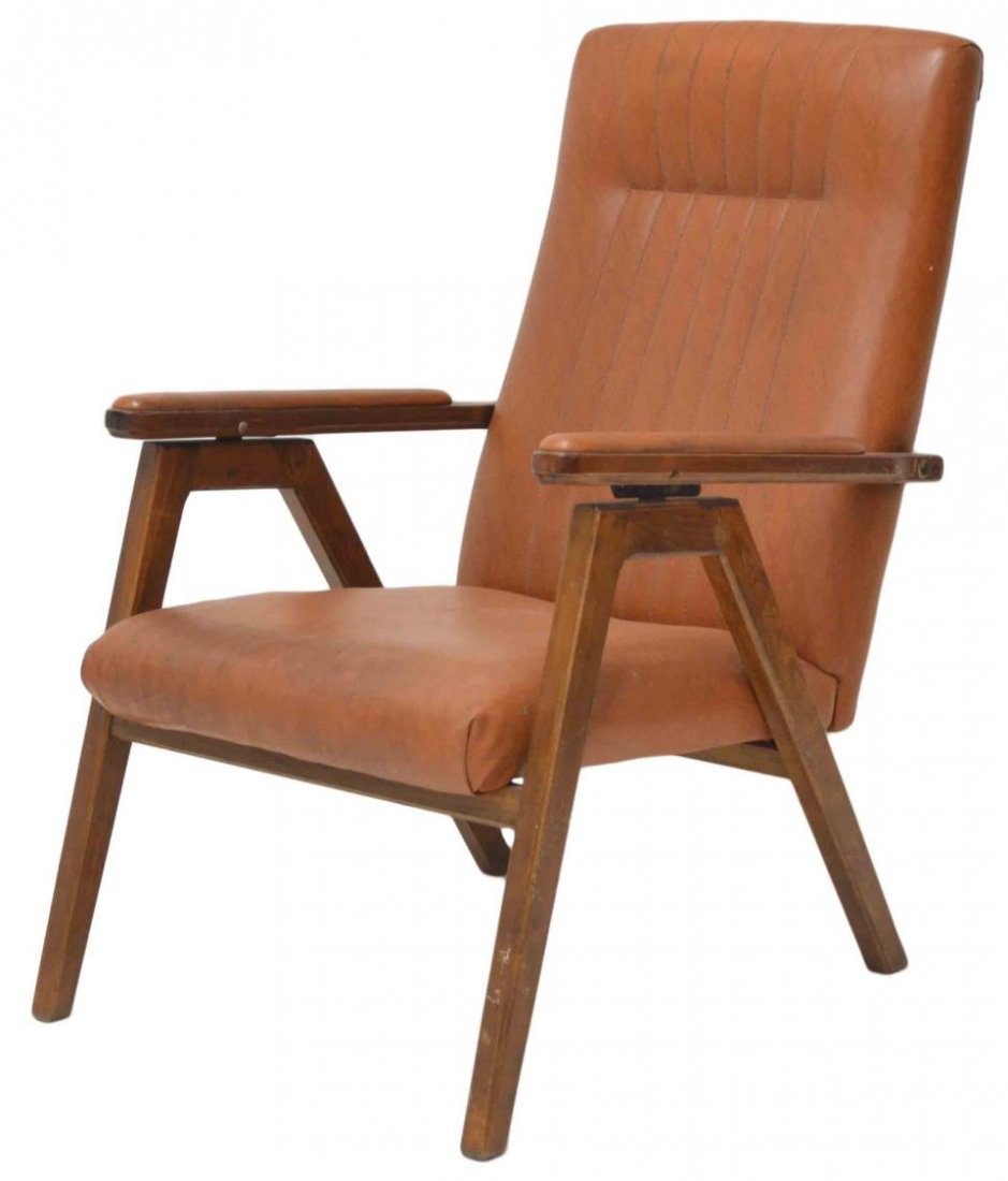 ITALIAN MID-CENTURY MODERN LEATHER LOUNGE CHAIR: Italian design mid-century modern brown leather arm chair, c. 1960, back with stitching, rising on four wood supports, wear to leather, 36"h, 23"w, 23.5"d Start Price: $200.00