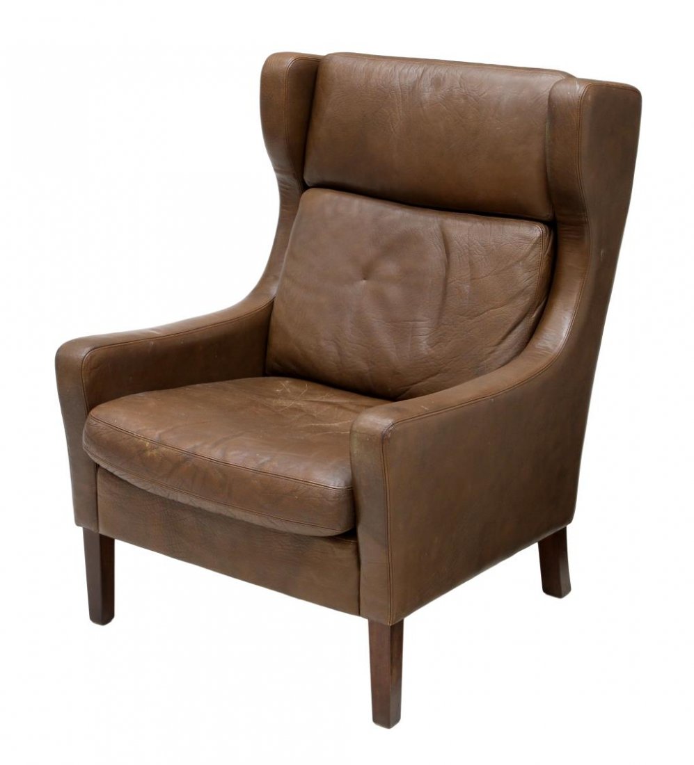 DANISH MODERN LEATHER ARM CHAIR: Danish modern arm chair, 1960's, brown leather with removable head, back and seat cushions, 40"h, 28.5"w, 33"d Start Price: $200.00