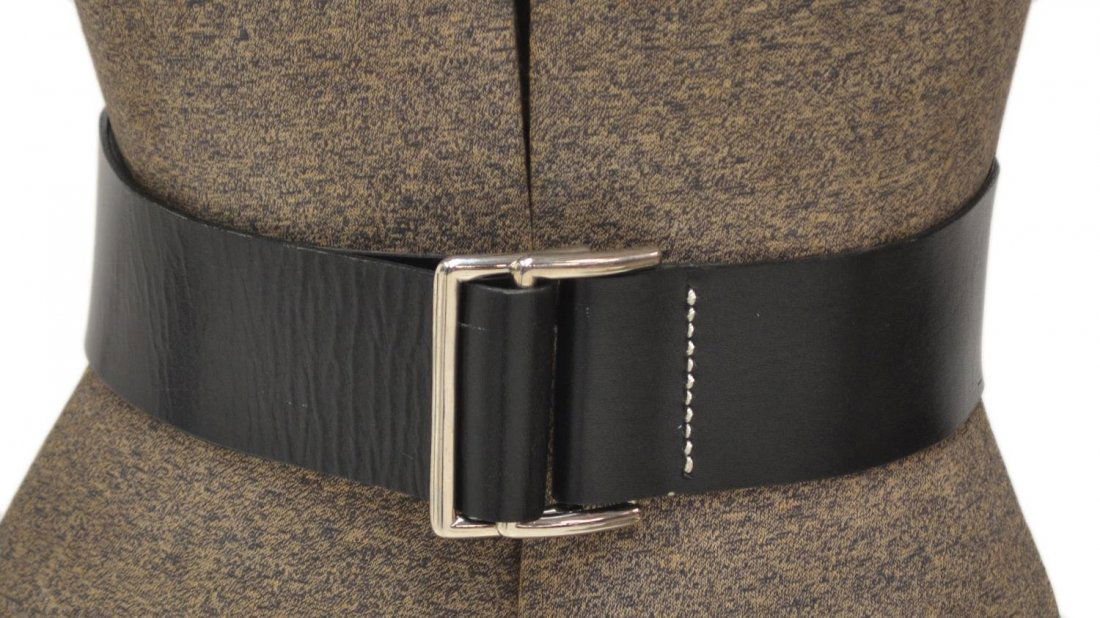 BURBERRY BLUE LABEL BLACK LEATHER BELT: Burberry Blue Label black leather belt with double silver tone buckles, slight wear, approx. 36"l, 2.25"w, .25lb Start Price: $50.00