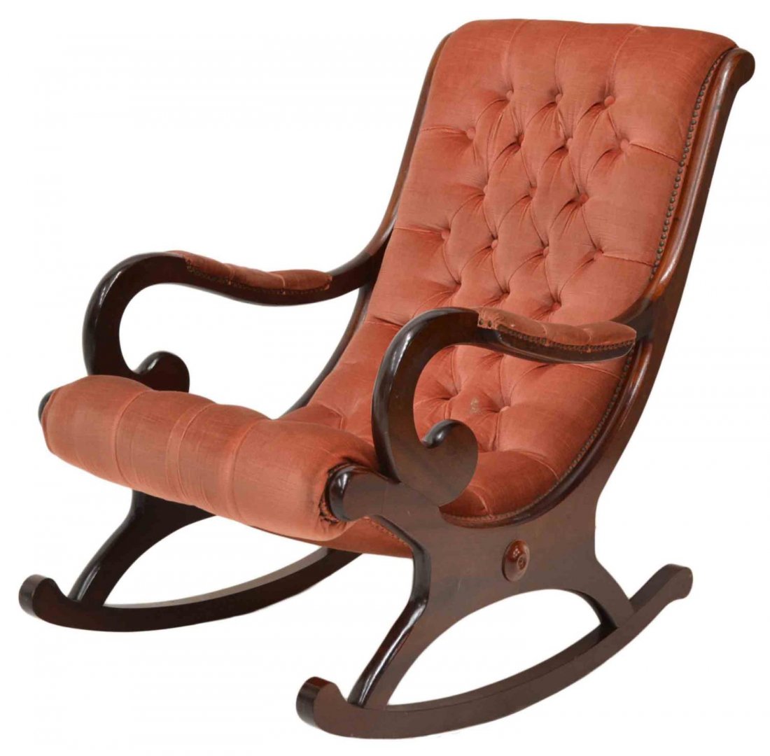 SCANDINAVIAN UPHOLSTERED ROCKING CHAIR: Scandinavian rocking chair having worn buttoned upholstery, scrolled arms, approx 36.5"h, 24.5"w, 37"d Start Price: $150.00