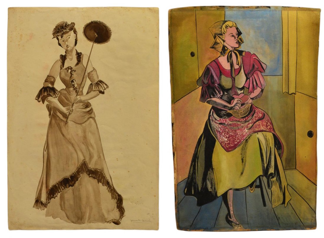 (2) PAINTING & WATERCOLOR, LADIES, TERRILL MILLER: (lot of 2) Unframed painting and watercolor, pencil signed Jeanne M. Terrill (Jeanne Terrill Miller, Texas, 1929-2005), comprising: (1) ink and color painting, polychrome woman in dress and bonnet sea