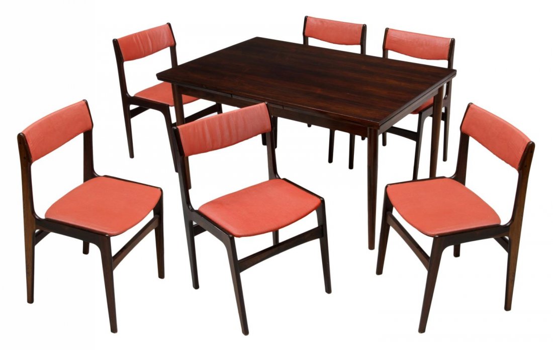 (7) DANISH MID-CENTURY ROSEWOOD DINING SUITE: (set of 7) Danish mid-century modern rosewood dining suite, comprising: (1) draw leaf table, the rectangular top with old varnish, raised on cylindrical legs, approx 29"h, 55"w, 35.5"d, extended: 97.5