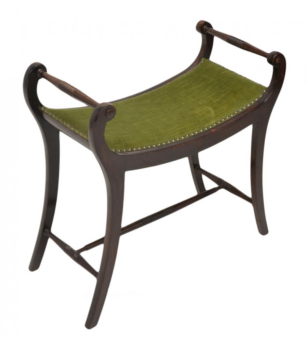 SCANDINAVIAN SCROLLED UPHOLSTERED STOOL: Scandinavian stool having scrolled arms, green upholstered seat affixed with brass tacks, stretcher joined base, 24.5"h, 25"w, 12.25"d Start Price: $80.00