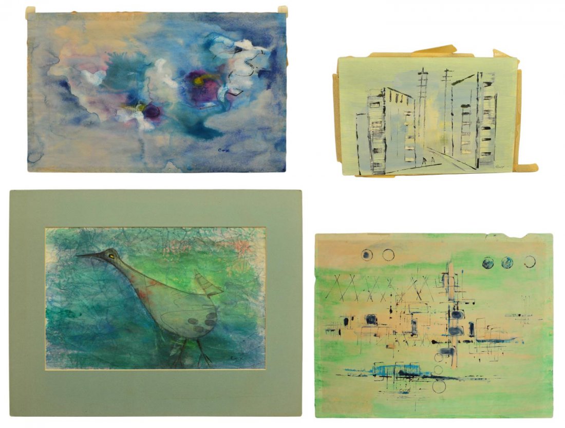 (4) COLLECTION OF UNFRAMED ABSTRACT ARTWORK, COX: (lot of 4) Collection of unframed abstract artwork, by Merle (?) Cox, comprising: (1) ink drawing and watercolor on paper, Shades Of Blue, signed lower right Cox, 12.5"h, 18.75"w; (1) mixed media pain