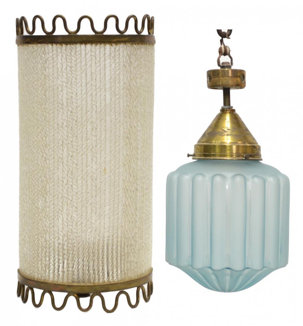 (2) ITALIAN MID-CENTURY MODERN LIGHT FIXTURES: (lot of 2) Italian mid-century modern light fixtures, c. 1960, comprising: (1) gilt metal and glass wall sconce, textured glass enclosing light, gilt metal geometric trim, 14"h, 6.5"w; (1) Cristal Art