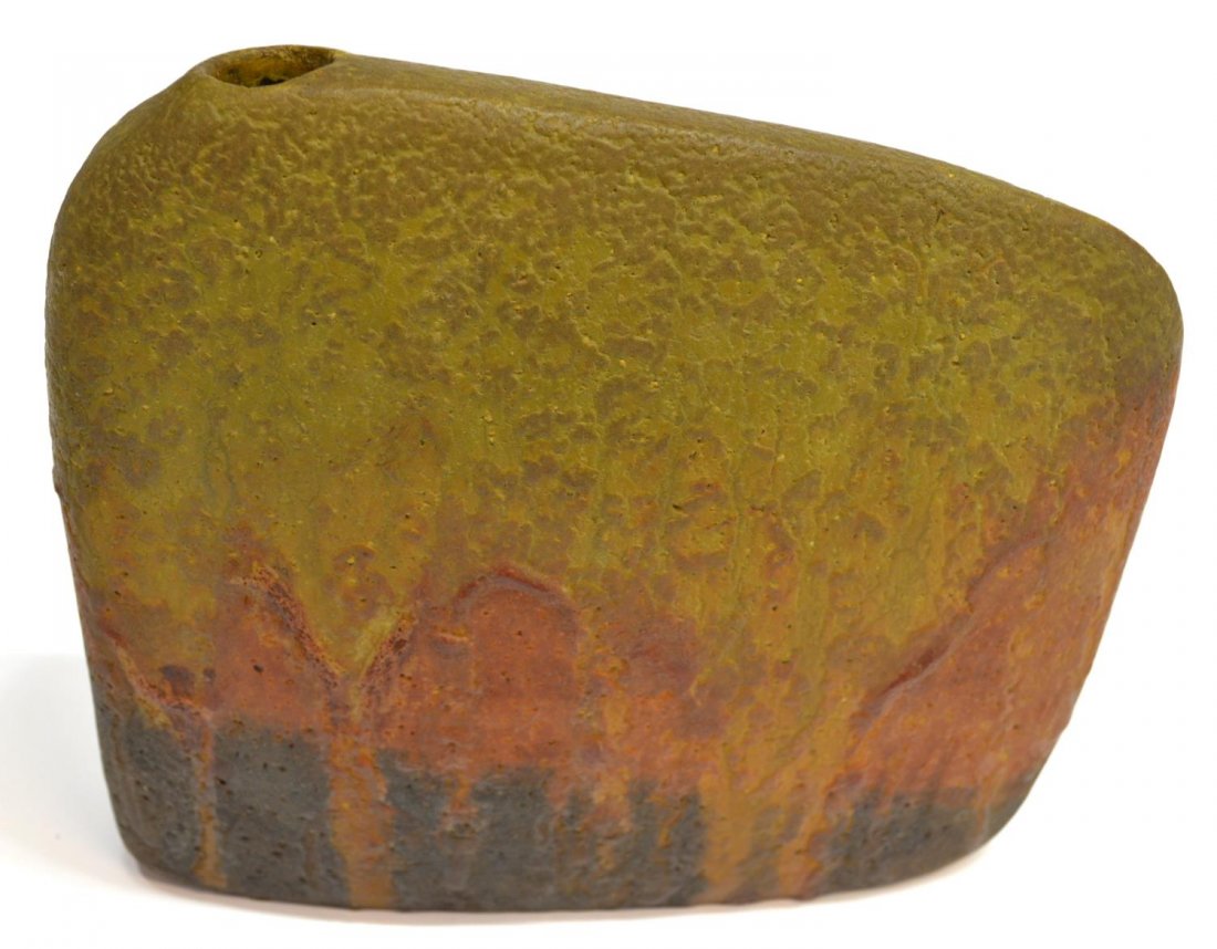 ITALIAN MID-CENTURY LAVA GLAZE VASE, FANTONI: Italian mid-century glazed earthenware vase, by Marcello Fantoni (1915-2011), the flattened vase in earthy hues, signed underfoot, approx 8"h, 8.5"l, 2.75lbs Start Price: $60.00