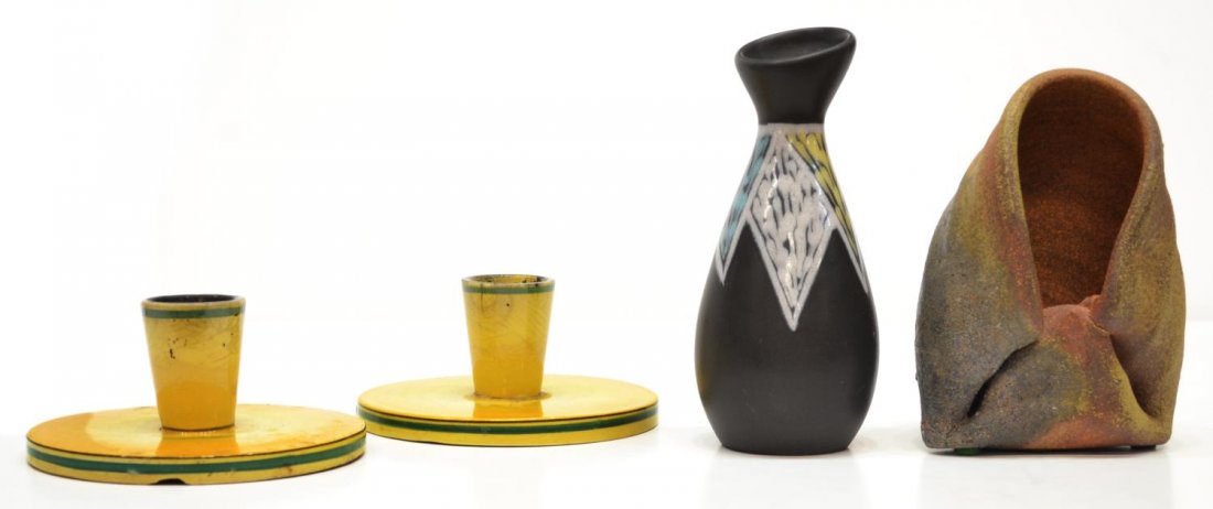 (4) SOHOLM BORNHOLM, ALUMNIA FAIENCE & ART POTTERY: (lot of 4) Mid-century art pottery group, comprising: (1) retro Danish glazed vase, signed Soholm Bornholm, dated '52, white, blue and yellow on a black ground, impressed 2065, 6.25"h; (1) turned and