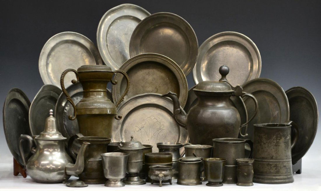 COLLECTION OF ANTIQUE PEWTER SERVICE ITEMS: (lot) Collection of antique pewter service items, highlights include urn form handled vase, covered pitcher with spout, tea pot, chargers, mugs, tankards, cups, plates, etc., wear, largest: 11.75"h, 9