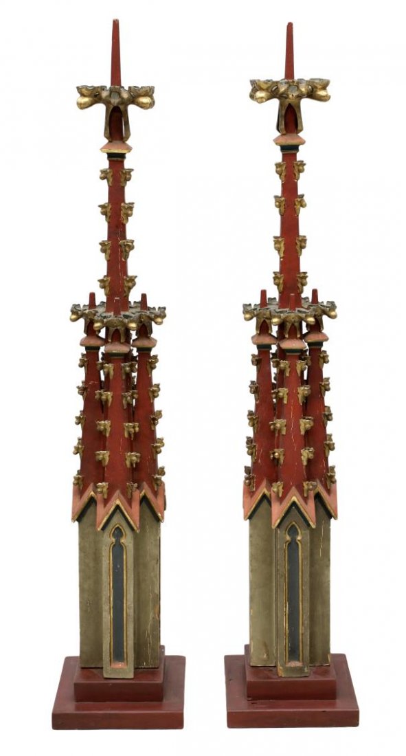 (2) ANTIQUE RELIGIOUS GOTHIC STYLE SPIRES: (lot of 2) Religious Gothic spires, Continental, late 19th c., likely part of a church altar, parcel gilt polychrome finish on a stepped base, 52"h, 10"w, 10"d, total: 27lbs *Provenance: From the esta