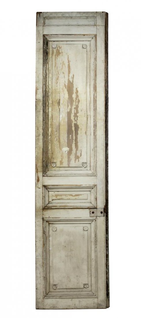 LARGE ANTIQUE PINE DOOR, MIRRORS & CARVING, 134"L: Large Continental antique pine door, 19th c., one side with raised panels accented with carved rosettes, the other side with three mirrored panels, 134"l, 33.25"w, 3"d *Provenance: From the estate of 