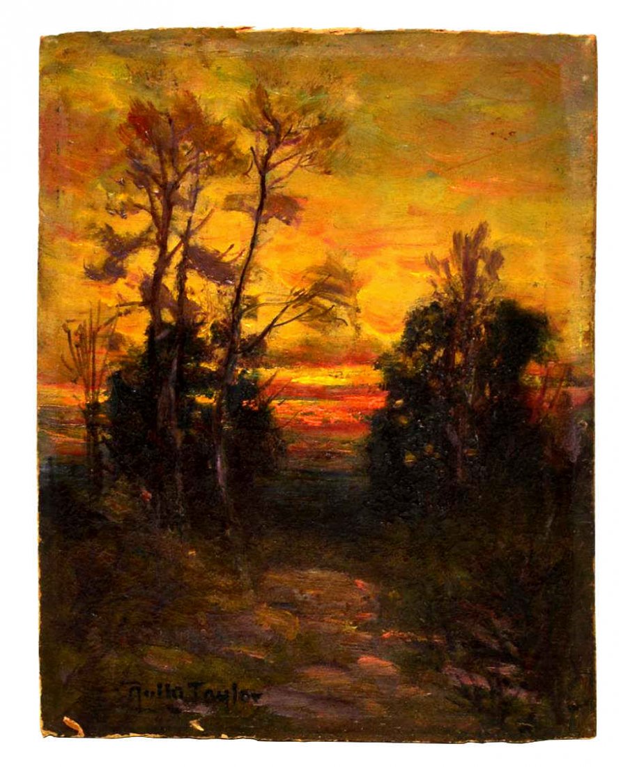 PAINTING, LANDSCAPE, ROLLA TAYLOR (TEXAS1872-1970): Framed oil painting on wood panel, Sunset Landscape, signed lower left Rolla Taylor (Rolla Sims Taylor, Texas, 1872-1970), sight: 7.5"h, 5.75"w, overall: 12.25"h, 10.25"w, 1.5lbs Start Price: $400.00
