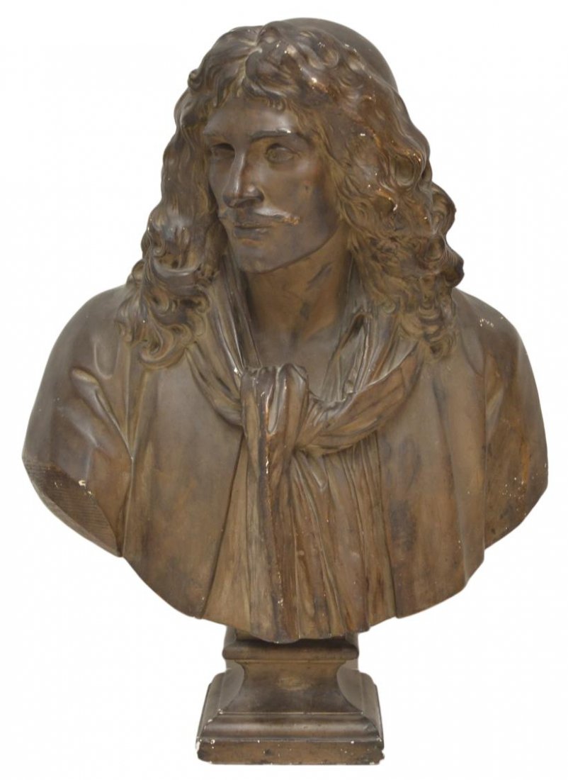 PAINTED BUST OF A FRENCH NOBLEMAN: Painted portrait bust, depicting a French nobleman gazing to the side, mark as pictured, material possibly plaster, approx 32.5"h, 25"w, 42lbs *Provenance: From the estate of Don Yarton (Ohio, Texas,