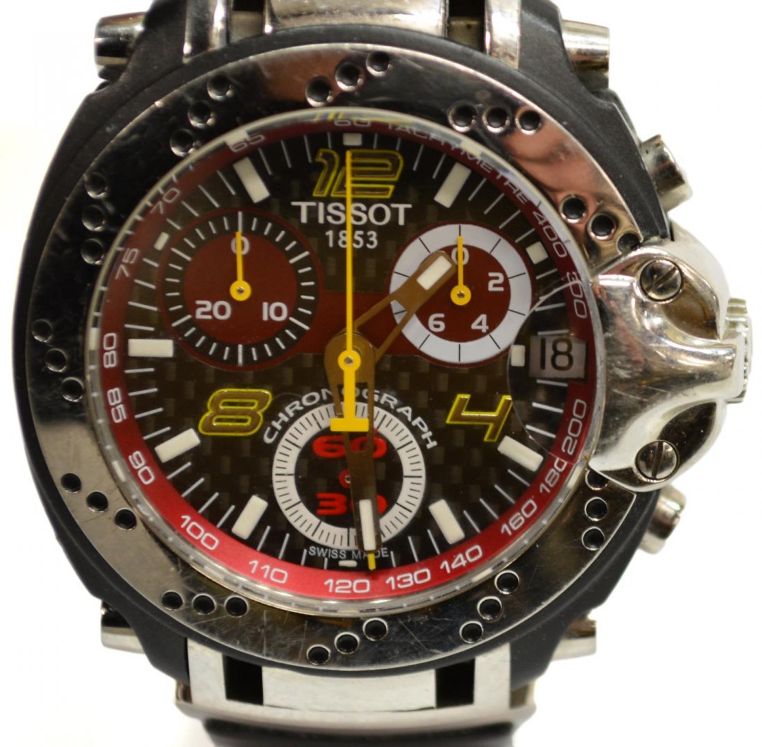 GENTS TISSOT CHRONOGRAPH MOTO-GP WRISTWATCH: Gents Tissot Moto-GP 'Official Timekeeper World Championship' chronograph wristwatch, tachymetere, red, white and black face, RPM x 1000, stainless dial with date window, black rubber wristband with s