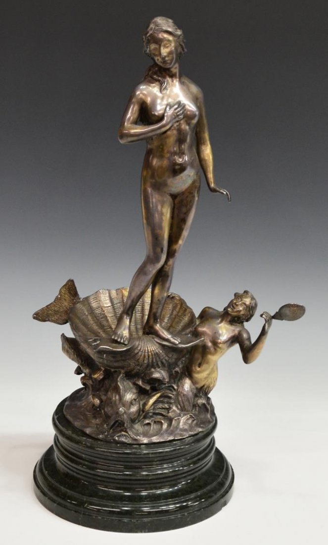 SILVER PLATED BRONZE VENUS FIGURAL GROUP: Silver plated bronze sculpture, nude Venus standing on a shell, below a mermaid beckons as a sea creature looks on, mounted on a stepped marble base, lacking one mounting pin allowing sculpture to mov