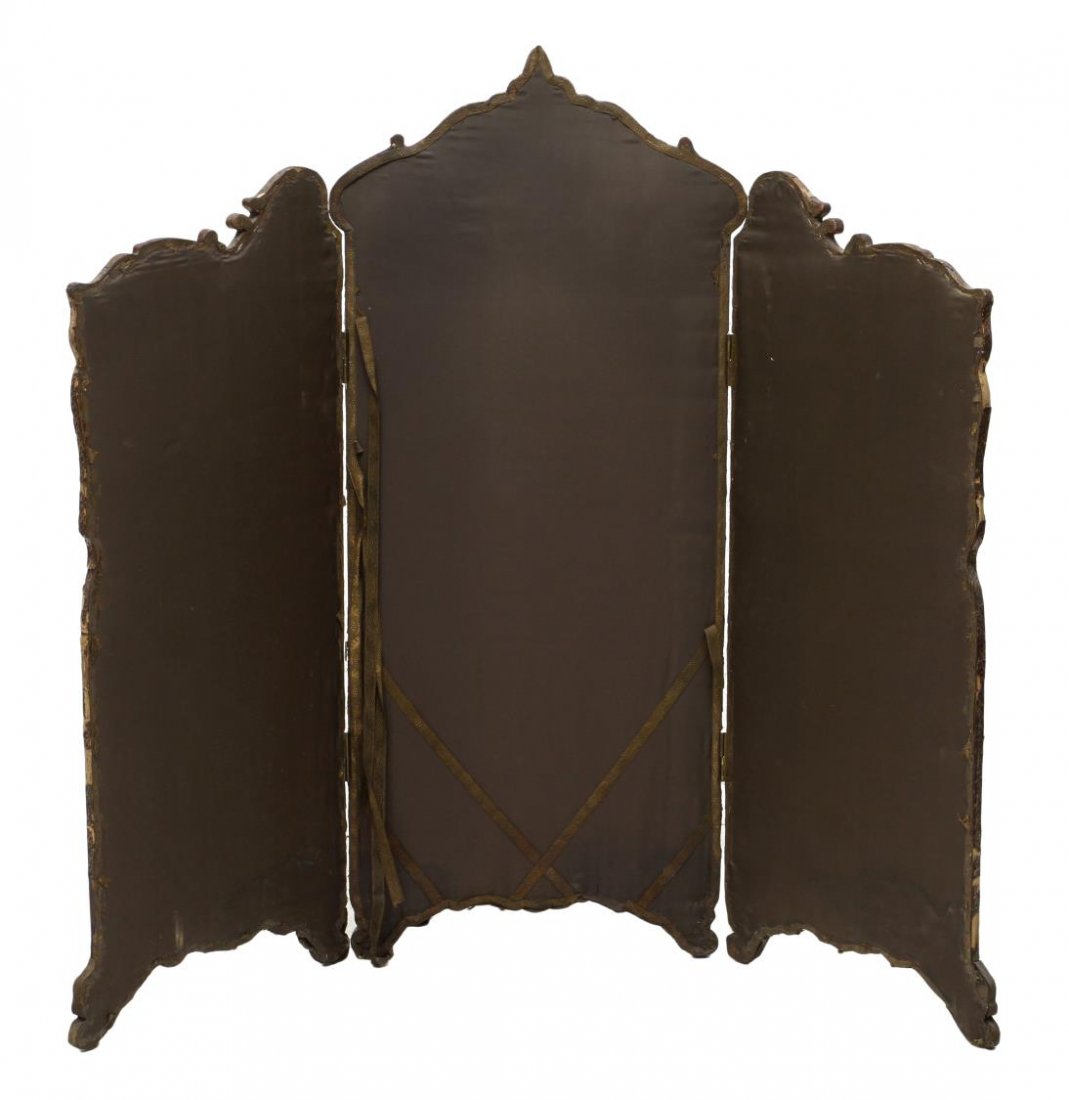 LOUIS XV STYLE THREE PANEL DRESSING SCREEN: Louis XV style three panel dressing screen, plain worn fabric, remnants of leather trim at frame, 58"h, 65"w *Provenance: From the estate of Don Yarton (Ohio, Texas, 1941-2013), internationally recogn