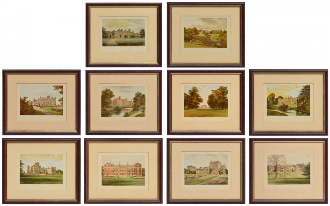 (10)FRAMED PRINTS, HOMES OF NOBLEMEN GREAT BRITAIN: (lot of 10) Framed, matted color plates taken from various volumes of "County Seats of the Noblemen and Gentlemen of Great Britain and Ireland" edited by F.O. Morris, published by William Mackenzie, L