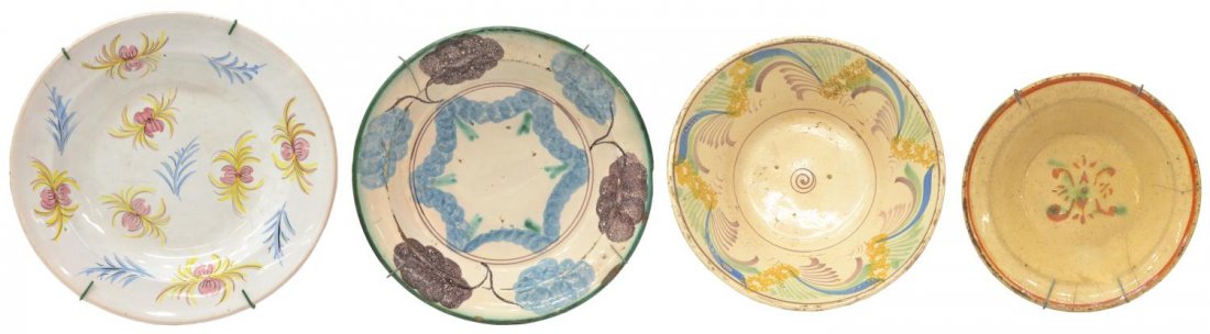 (3) ANTIQUE SPAIN TIN GLAZED BOWLS & PLATES: (lot of 3) Collection of Antique Spanish tin glazed items, comprising: (1) centerpiece bowl, the walls having polychrome geometric patterns, 4.25"h, 11.75"diam; (1) bowl, blue and purple decoration on