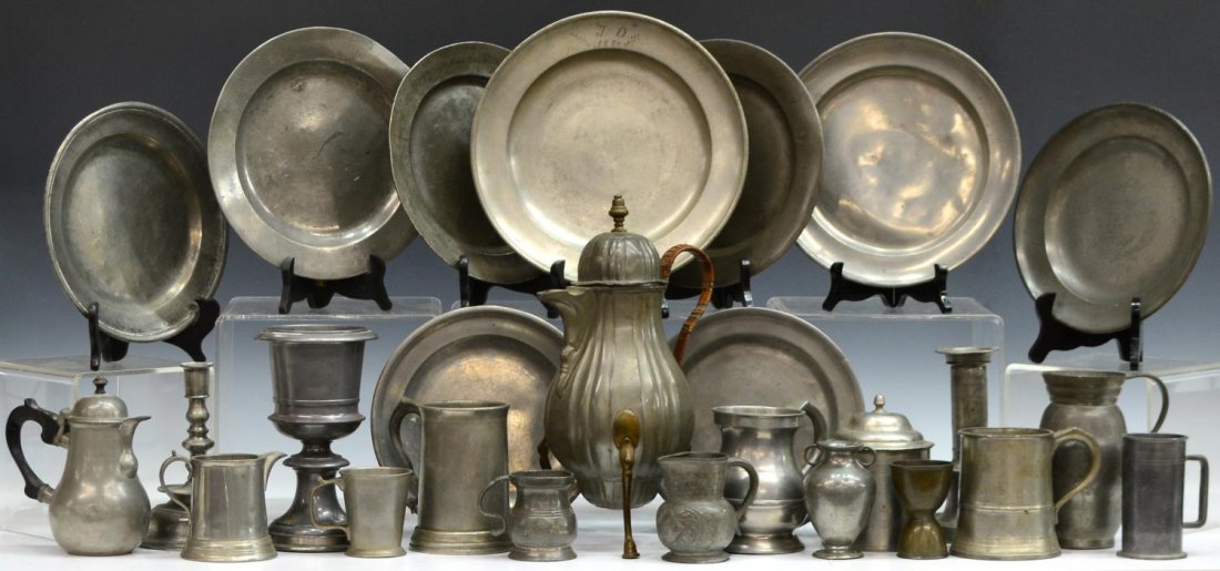 COLLECTION OF ANTIQUE PEWTER TABLE ITEMS: (lot) Collection of antique pewter table items, highlights include a coffee pot having a rattan handle all raised on three legs, Gero Holland pitcher, tankard made for Brooks Brothers England, goblet,