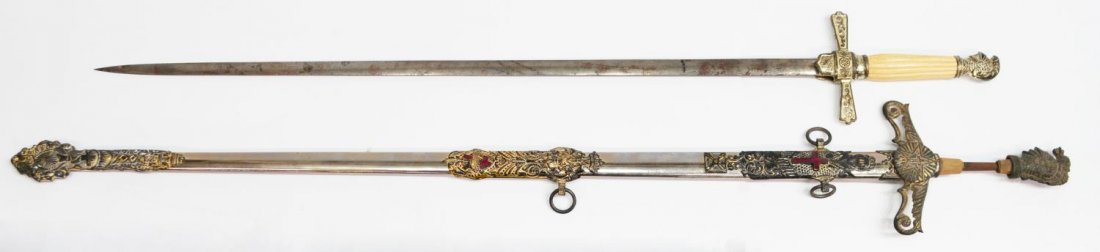 (2) VINTAGE MASONIC SWORDS: (2) Vintage fraternal swords: (1) Masonic Knights Templar sword and scabbard by the Henderson Ames Co., Kalamazoo, Michigan, the 30" blade with foliate and figural engraving, one side of the guard bea