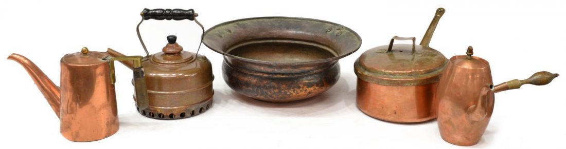 (5) ANTIQUE AND VINTAGE COPPER TEA POTS & PANS: (lot of 5) Group of antique and vintage copper, including (3) tea pots, (1) lidded pan and (1) large pot with flared rim, one teapot marked Simplex England, overall with dents and wear, largest: 5.5"h