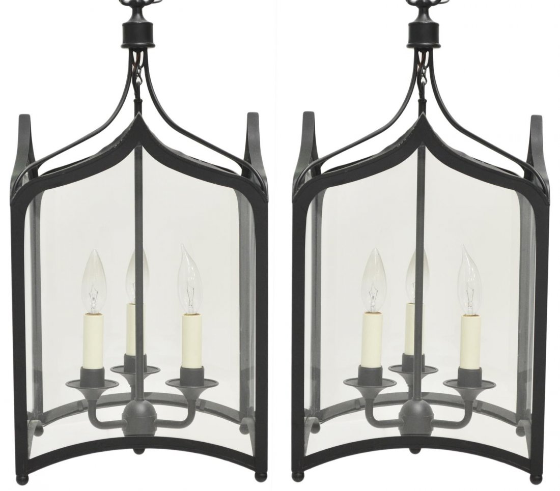 (PAIR) DESIGNER GOTHIC STYLE HANGING LANTERNS: (pair) Designer Gothic style three-light hanging lanterns, Vaughan Lighting, black metal frame with glass panels enclosing lights, retaining designer sticker, some surface wear, approx 24"h, 11.75"w *