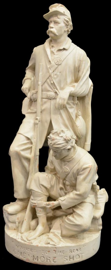 WOUNDED TO THE REAR, ONE MORE SHOT, JOHN RODGERS: Figural terracotta sculpture, "Wounded to the Rear, One More Shot", marked John Rogers (American, 1829-1904), depicting two injured Union soldiers, one of whom is preparing to fire a final shot at the