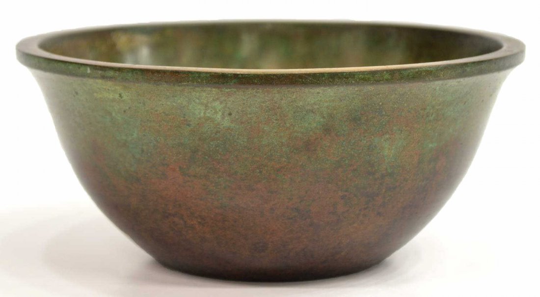 ARTS & CRAFTS CARL SORENSEN BRONZE BOWL: American Arts and Crafts bronze bowl, Carl Sorensen, Philadelphia, of circular form in a verdigris patina, signed Carl Sorensen, numbered 1255, 2.75"d, 6.25"diam, 2.75lbs Start Price: $60.00