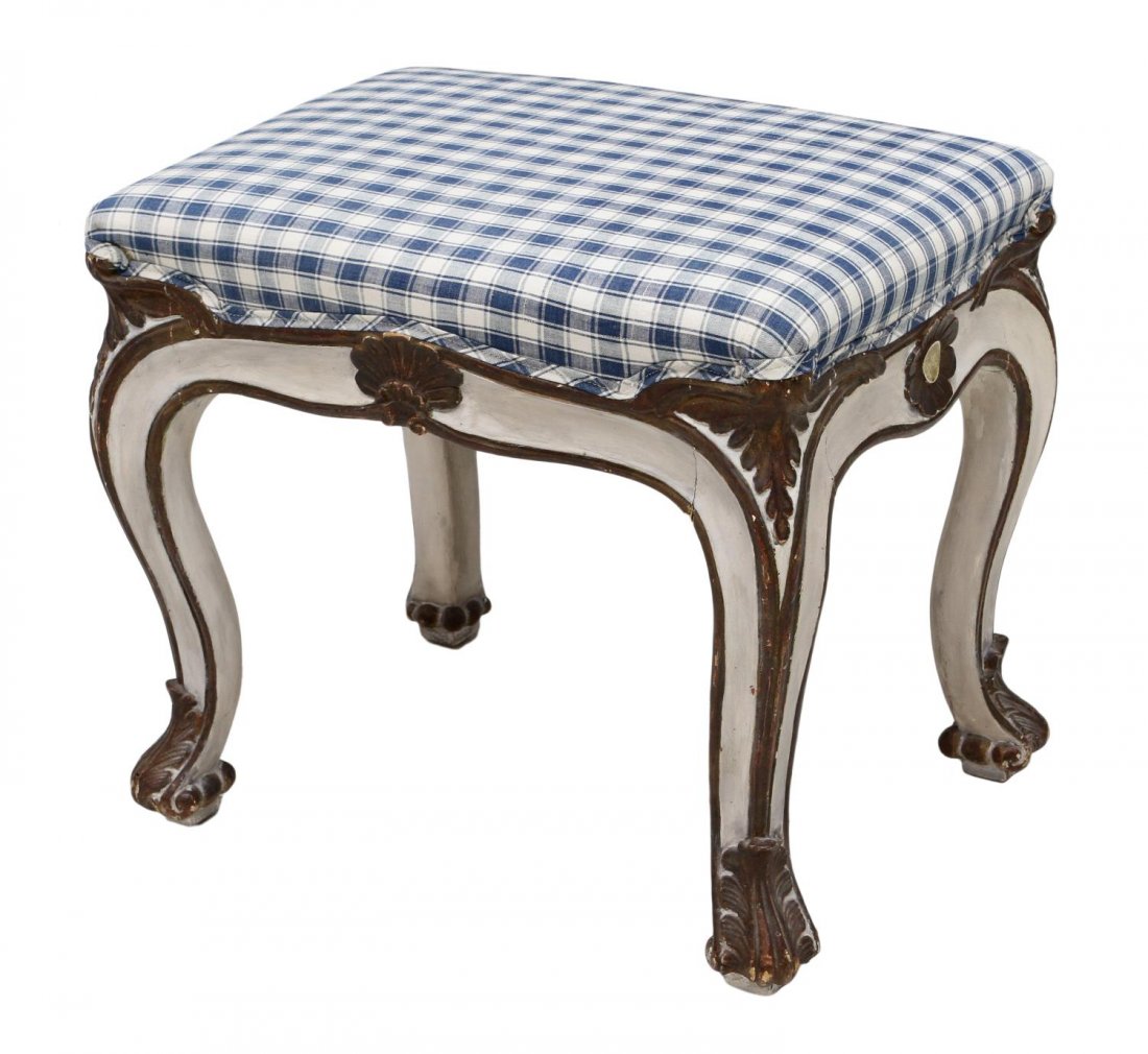 LOUIS XV STYLE BENCH OR FOOTSTOOL: Louis XV style bench or footstool, c. 1900, with later blue and white checked upholstery, parcel gilt painted frame, rising on cabriole legs, 19"h, 21.75"w, 17"d *Provenance: From the estate of Don Ya