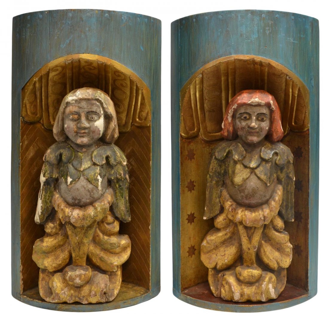 (2) ANTIQUE GILDED CARVED WOOD FIGURES IN NICHES: (lot of 2) Continental gilded and polychromed wood figures, each presented in a niche, late 19th/early 20th c., comprising: (pair) similarly carved standing demi-figures, clothed in winged cloak, larg