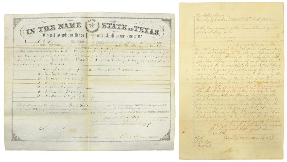 1855 GOVERNOR OF TEXAS LAND GRANT: (lot of 2) Texas land grant printed on sheep skin, signed at lower right "Elisha Pease (1812-1883) as Governor of Texas (1853-1857 & 1867-1869) , dated August 3, 1855, countersigned by Robert M. Elgin