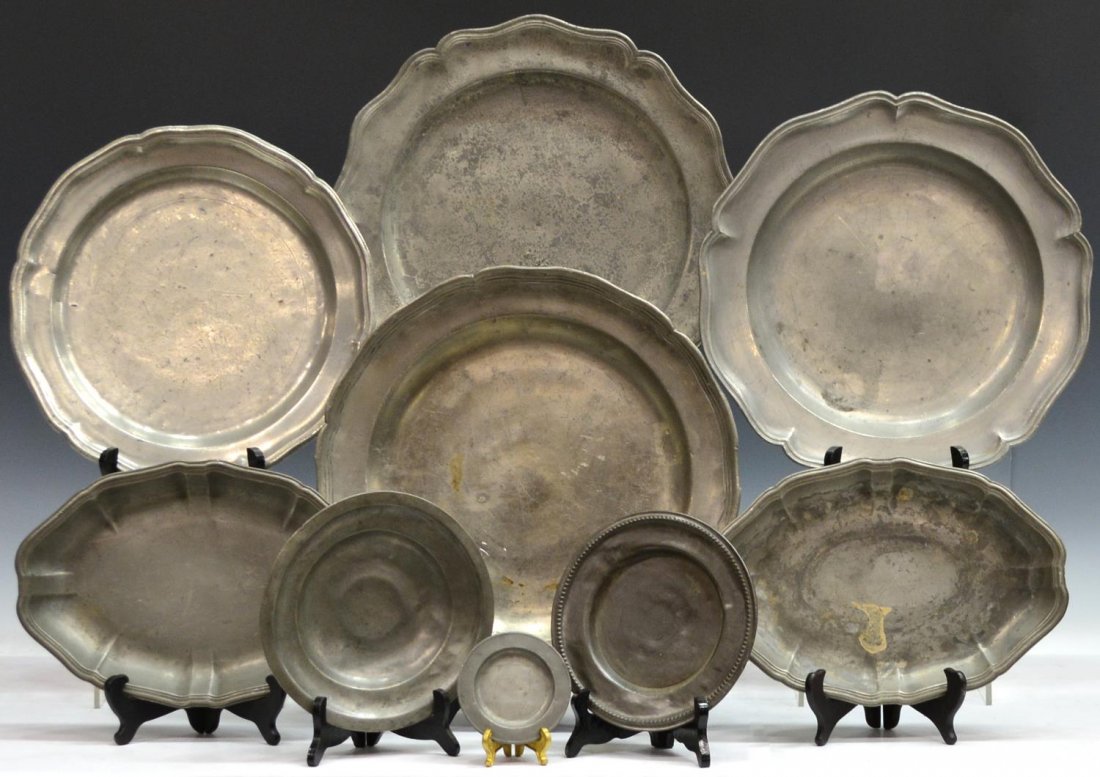 (9) ANTIQUE PEWTER TABLE ITEMS, CHARGERS: (lot of 9) Antique pewter table items, highlights include circular serving platters/chargers, having ribbed and rounded borders, trays, plates, etc., wear, largest: 14.5"diam, 19lbs total *Provenance: