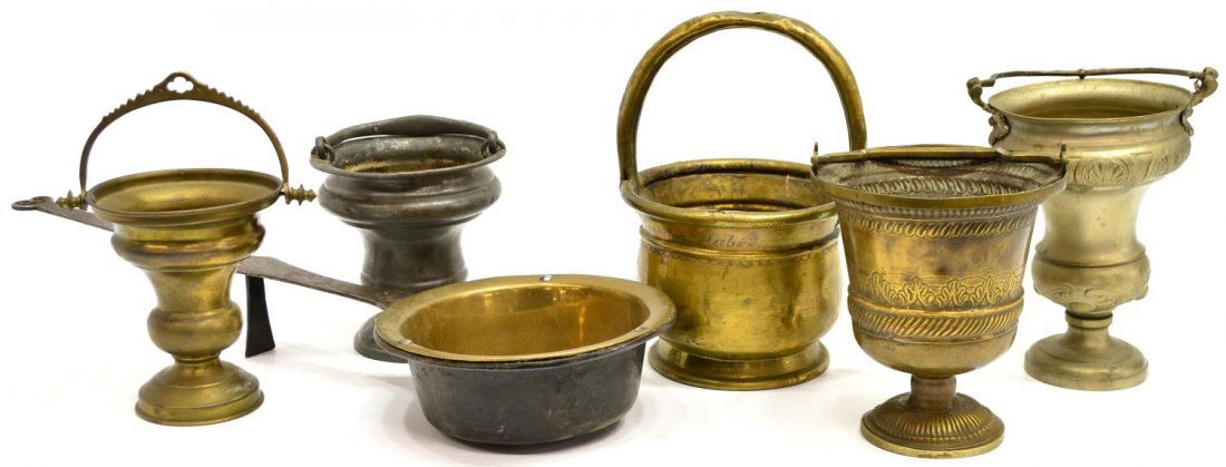 (6) COLLECTION BRASS & METAL TABLE ITEMS: (lot of 6) Collection of antique and vintage brass and metal table items, including (5) handled vases/buckets, some with foliate motif, one marked Aurora S.P. Mfg Co., (1) pot, overall with dents and