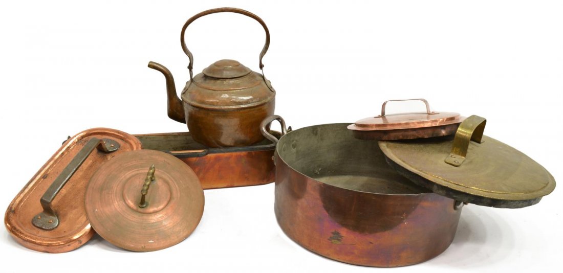 (7) ANTIQUE AND VINTAGE COPPER POT, LIDS & TEA POT: (lot of 7) Group of antique and vintage copper, including (1) large cauldron, (1) tea pot, (1) tub of long slender form with iron handle and (4) lids, largest: 7.5"h, 16.5"diam (not including handles)