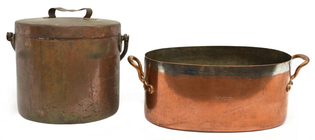 (2) ANTIQUE & VINTAGE COPPER COOKWARE POTS: (lot of 2) Antique and vintage copper cookware, comprising: (1) large pot of oval form having monogrammed initial M.G.B at center, two handles, lacking lid, 7.25"h, 16"w (not including handles); (1) l