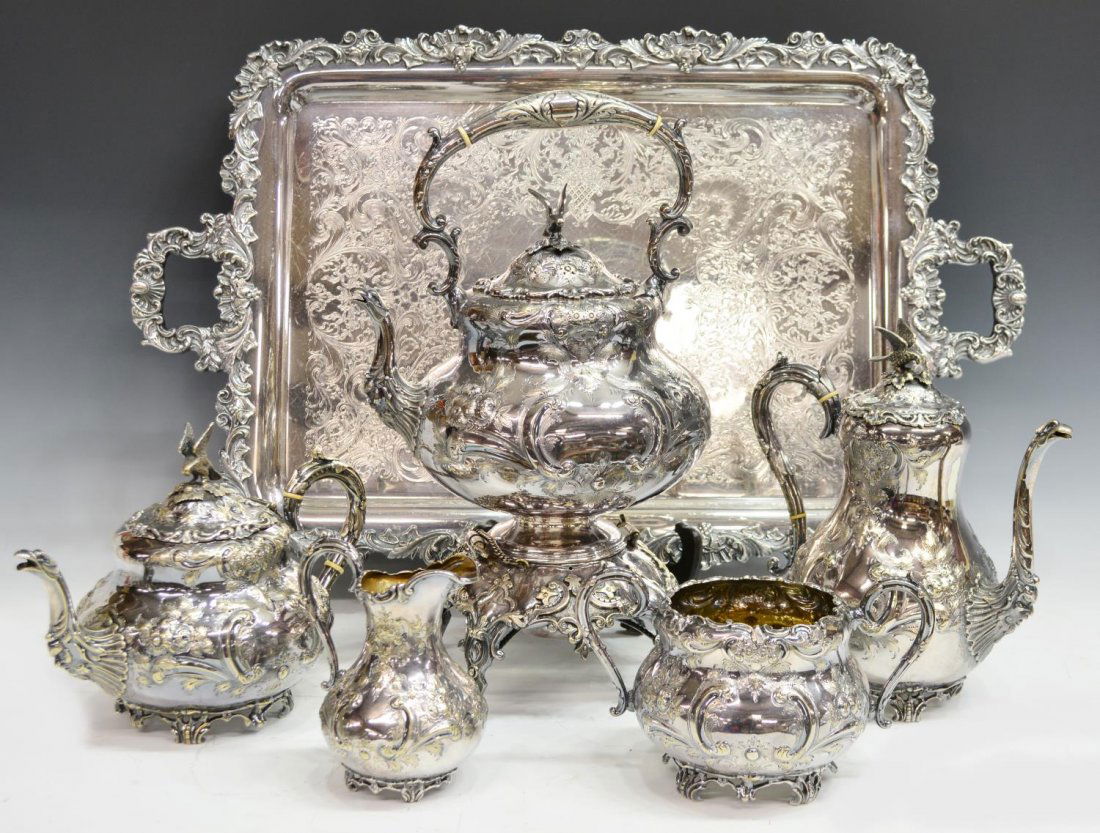 (6) SHEFFIELD PLATE EAGLE TEA & COFFEE SERVICE: (set of 6) Victorian silver plate tea and coffee service, William Howe & Co., Sheffield, each piece having floral and scrolled embossed decoration raised on short legs and scrolled toe, griffin spouts