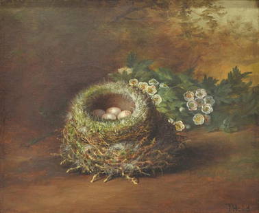 PAINTING, THE BIRD'S NEST, TOM HOLD 19TH/20TH C.: Framed painting on canvas, The Bird's Nest, signed lower right T Hold (Tom Hold, British, 19th/20th c.), retaining stamp on canvas verso, sight: 9.75"h, 11.75"w, overall: 14"h, 16.25"w, 2.5lbs Start