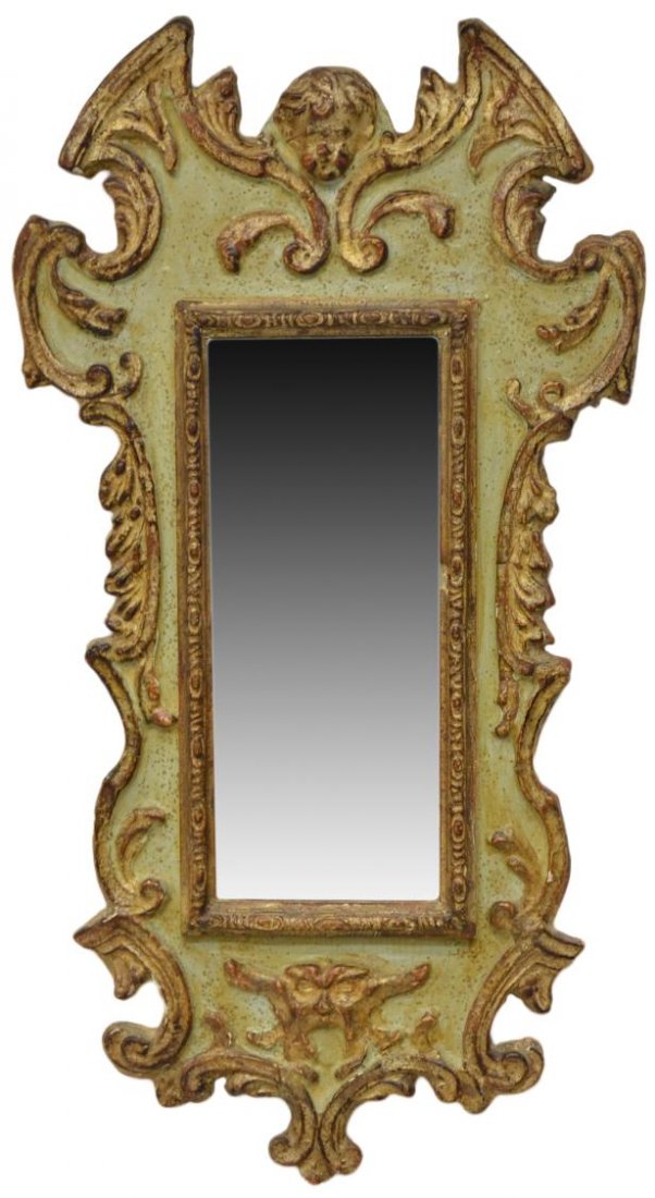 ANTIQUE VENETIAN PAINTED & GILT FRAME MIRROR: Hand carved Venetian parcel gilt frame mirror, early 19th c., painted, carved foliate and scrolled framing around the rectangular mirror, paint and silvering loss, overall: 31.75"h, 17"w, 5.5lbs Start