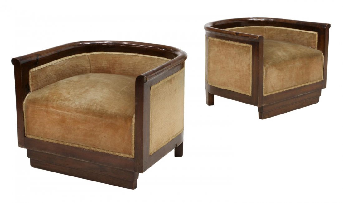(PAIR) ITALIAN ART DECO SLIPPER CHAIRS: (pair) Italian Art Deco low slipper chairs, early 20th c., a continuous walnut crest and arms, tan fabric upholstery, block legs, 17.25"h, 22.5"w, 21"d Start Price: $100.00