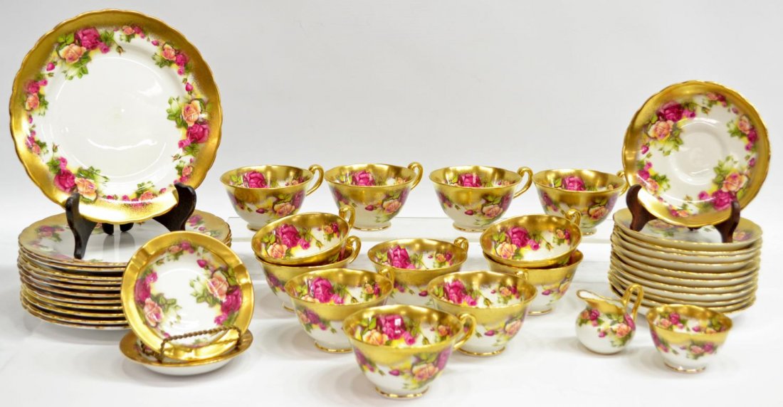 (40) ROYAL CHELSEA FINE BONE CHINA DESSERT SERVICE: (set of 40) Royal Chelsea fine bone china dessert service, England, 'Golden Rose' pattern, comprising: (12) dessert plates, 8"diam; (12) tea cups, 2.25"h, 3.75"diam; (12) saucers, 5.5"diam; (1) small 