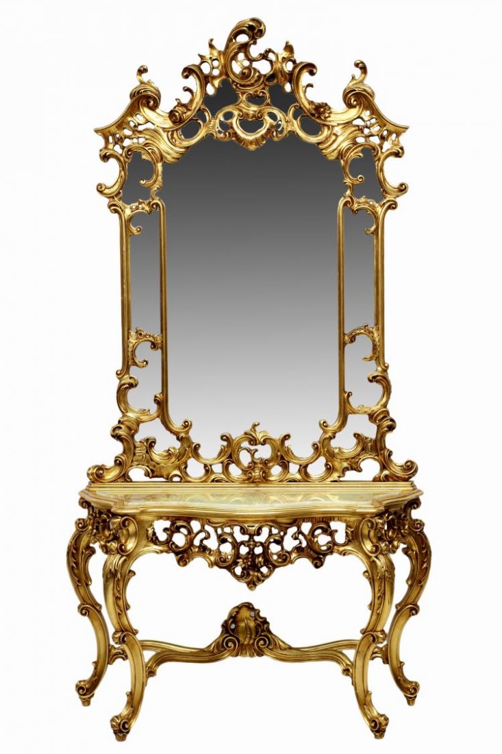 ITALIAN LOUIS XV STYLE GILT CONSOLE TABLE & MIRROR: Italian Louis XV style gilt wood console table with mirror, c. 1900, the pierced and scrolled framed mirror over the onyx inset table top, rising on stretcher joined cabriole supports with scrolled fe