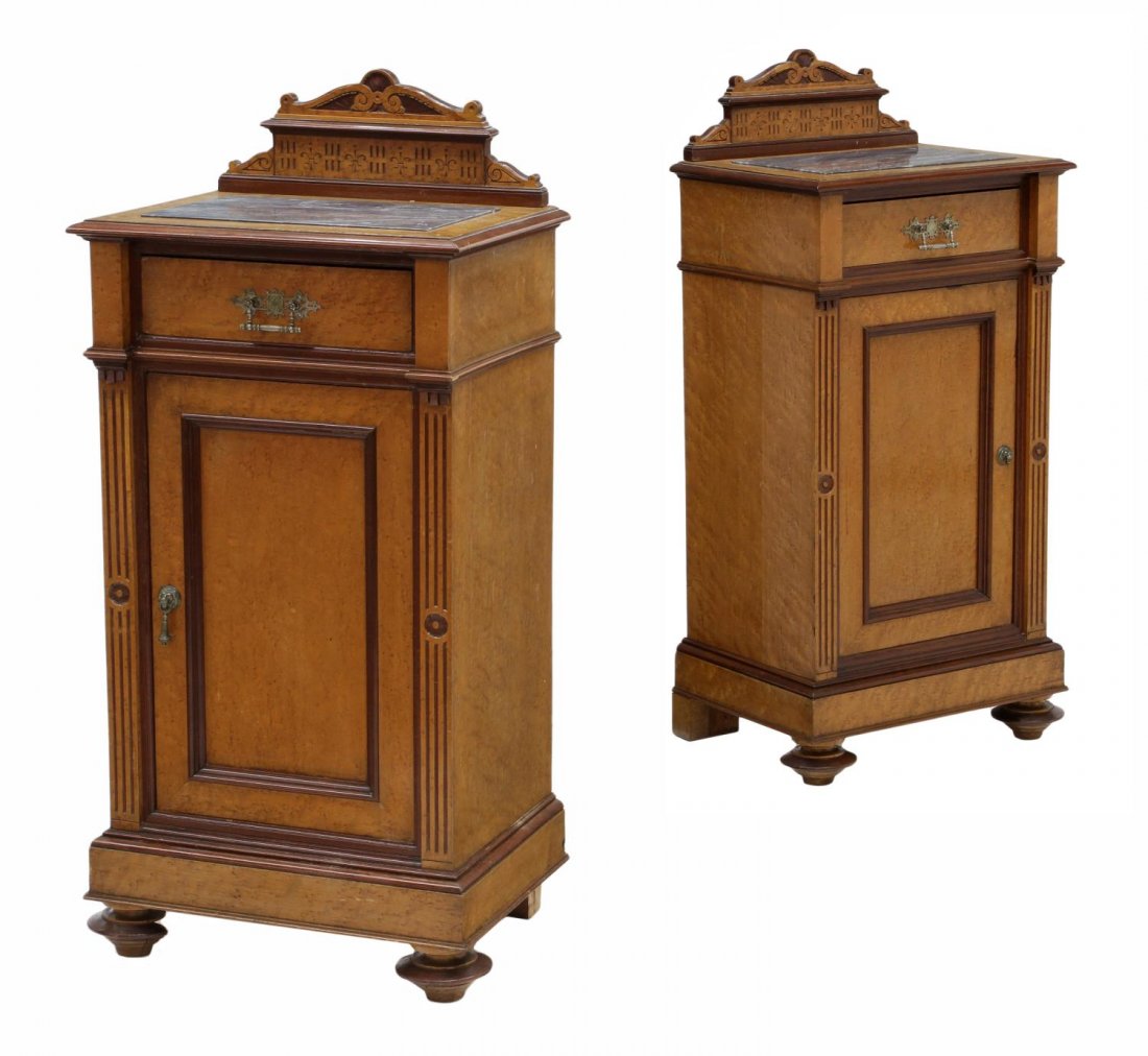(PAIR) ITALIAN BIEDERMEIER BEDSIDE CABINETS: (pair) Italian Biedermeier birds-eye maple bedside cabinets, 19th c., a shaped back rail over the inset marble top, each with a drawer and lower door, rising on bun feet, one lacking door pull drop, 4