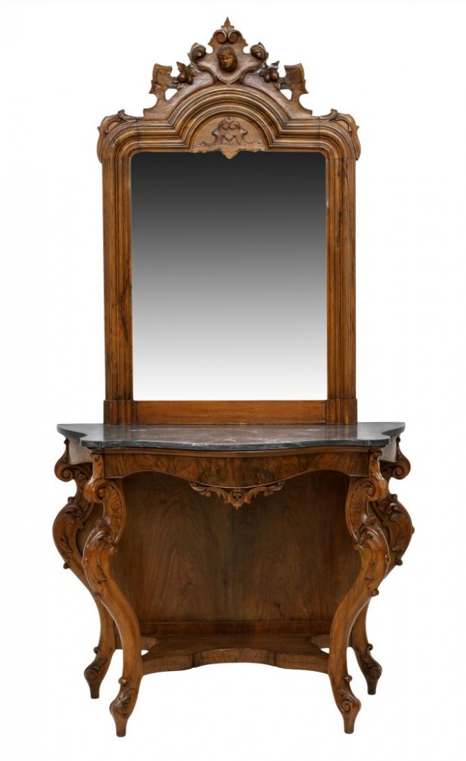 ITALIAN LOUIS XV STYLE MIRRORED CONSOLE TABLE: Italian Louis XV style mirrored console, late 19th c., the mirror frame with a pierced figural crest, a shaped marble top rising on cabriole legs joined by a lower shelf, scrolled and blunt arrow feet