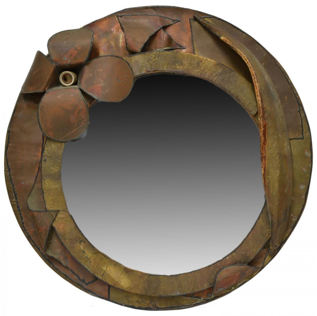 ITALIAN FLORAL DESIGN COPPER WALL MIRROR: Italian framed lighted wall mirror, stylized floral design with copper and copper foil, needs rewiring, mirror: 22" diameter, overall: 34"diam, 6"d Start Price: $100.00