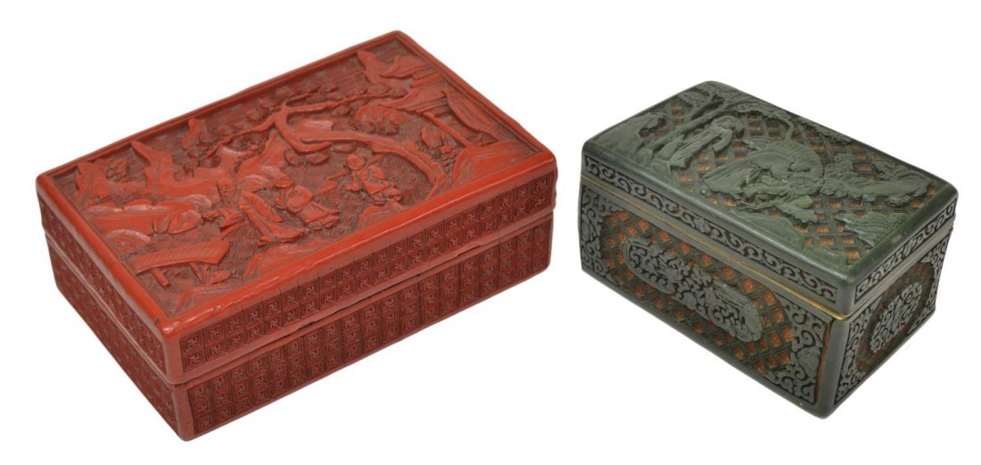 (2)CHINESE CARVED RED & GREEN CINNABAR TABLE BOXES: (lot of 2) Chinese carved cinnabar boxes, comprising: (1) green and of rectangular form, the hinged lid having figures with animals in a forest setting, flower head detail with scrolling tendrils surr