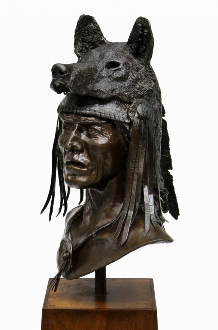 BRONZE SCULPTURE, AMERICAN INDIAN, BILL BOND: Bronze limited edition sculpture of a Native American Indian, "True Dog", titled, signed, dated, numbered at back right, Bond, #2 of 15, 1982, (Bill Bond, Texas, Colorado. b.1923), bronze: 17.25"h, 13