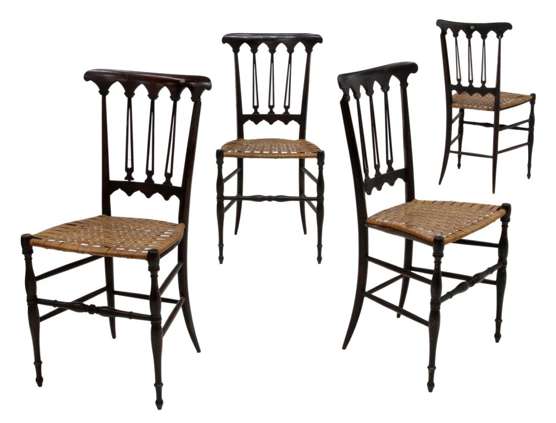 (4) ITALIAN CHIAVARI RUSH SEAT CHAIRS: (lot of 4) Chiavari chairs, early 20th c., design inspired by Giuseppe Gaetano Descalzi (Italy, 1767-1855), the shaped crest rail with vertical open back rails, woven rush seats, rising on stretcher j