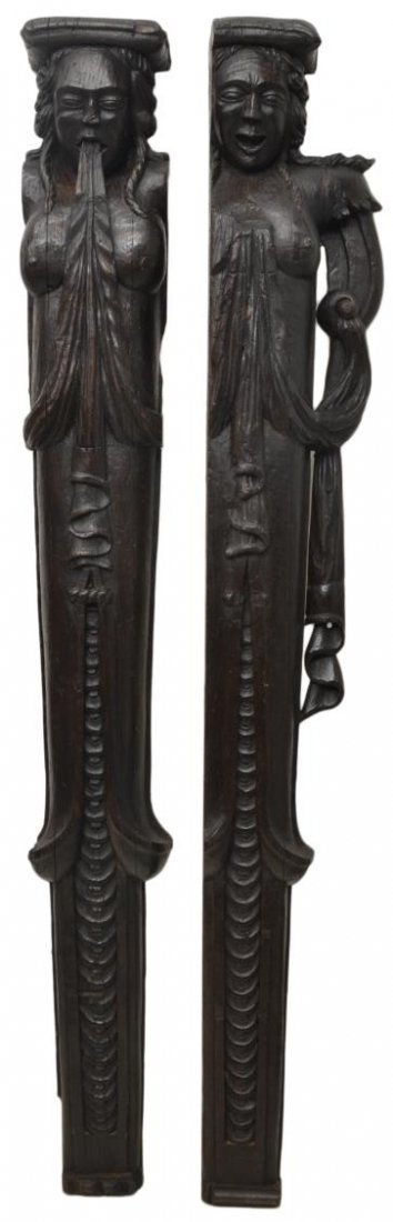 (2) BRETON CARVED OAK FIREPLACE FIGURES: (lot of 2) French carved oak fireplace figures, Brittany, 19th c., a male and female originally placed at each side of a a fireplace mantel, some wood loss, 68"h, 10"w, 5.5"d Start Price: $500.00