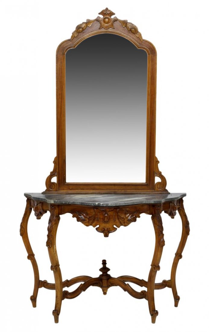 ITALIAN LOUIS XV STYLE WALNUT MIRRORED CONSOLE: Italian Louis XV style walnut mirrored console table, c. 1900, a framed mirror over the shaped marble top, rising on stretcher joined cabriole supports with scrolled and arrow feet, 94.5"h, 52"w, 23.5