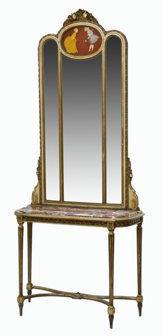 ITALIAN LOUIS XV STYLE TRUMEAU MIRRORED CONSOLE: Italian Louis XVI style console table, early 20th c., a three section trumeau mirror with central figural painting over the inset marble top, all rising on stretcher joined tapered ribbed legs on blun